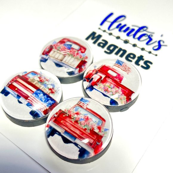 Set of 4 Magnets - Patriotic Red Truck Glass Refrigerator Kitchen Whiteboard - Picture 2 of 3